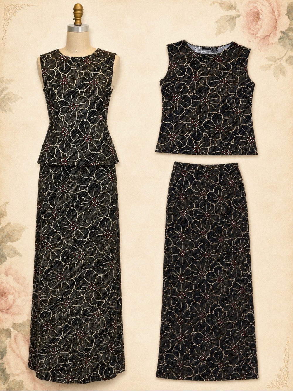 VINTAGE Earthy 2 piece dress set maxi skirt sleeveless tank top woodsy floral